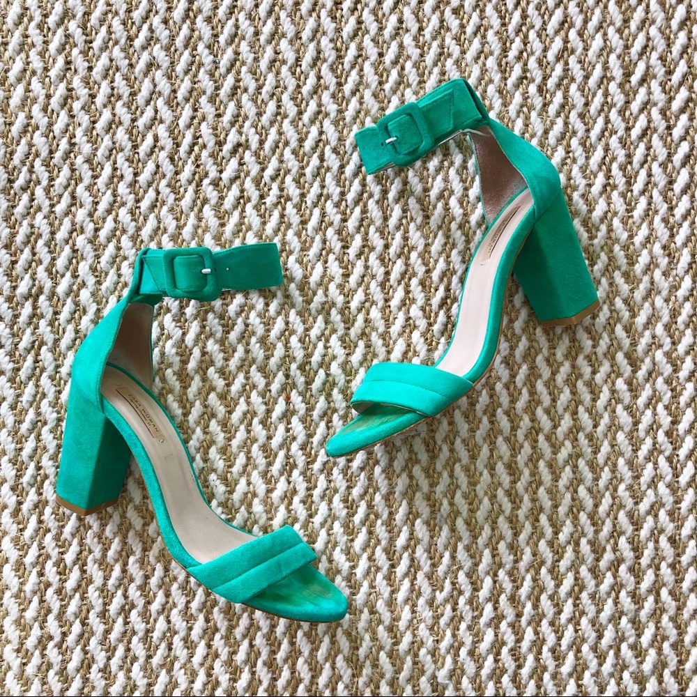 Green ankle strap block heels